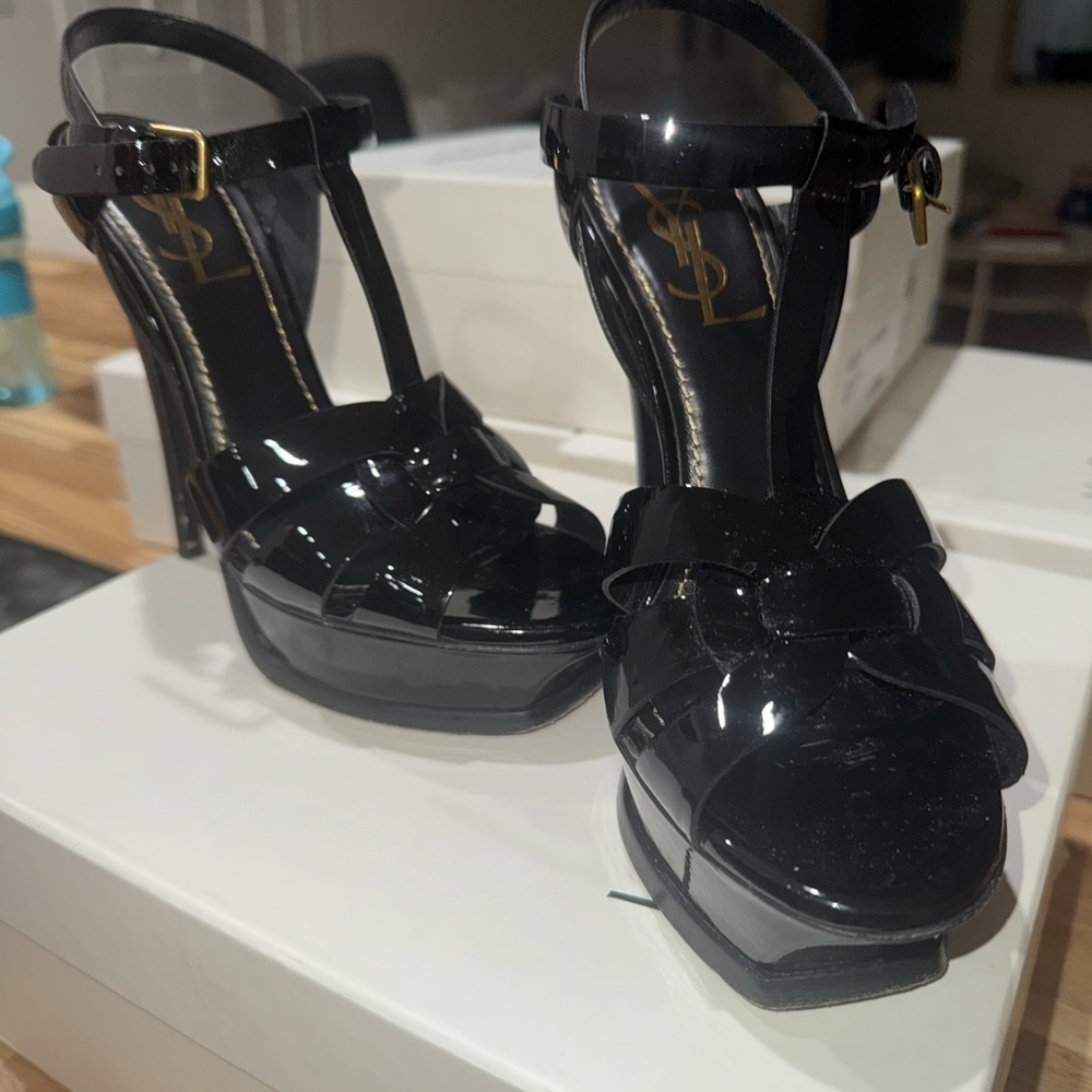 Yves Saint Laurent Black Tribute 105 Patent Platform Sandal